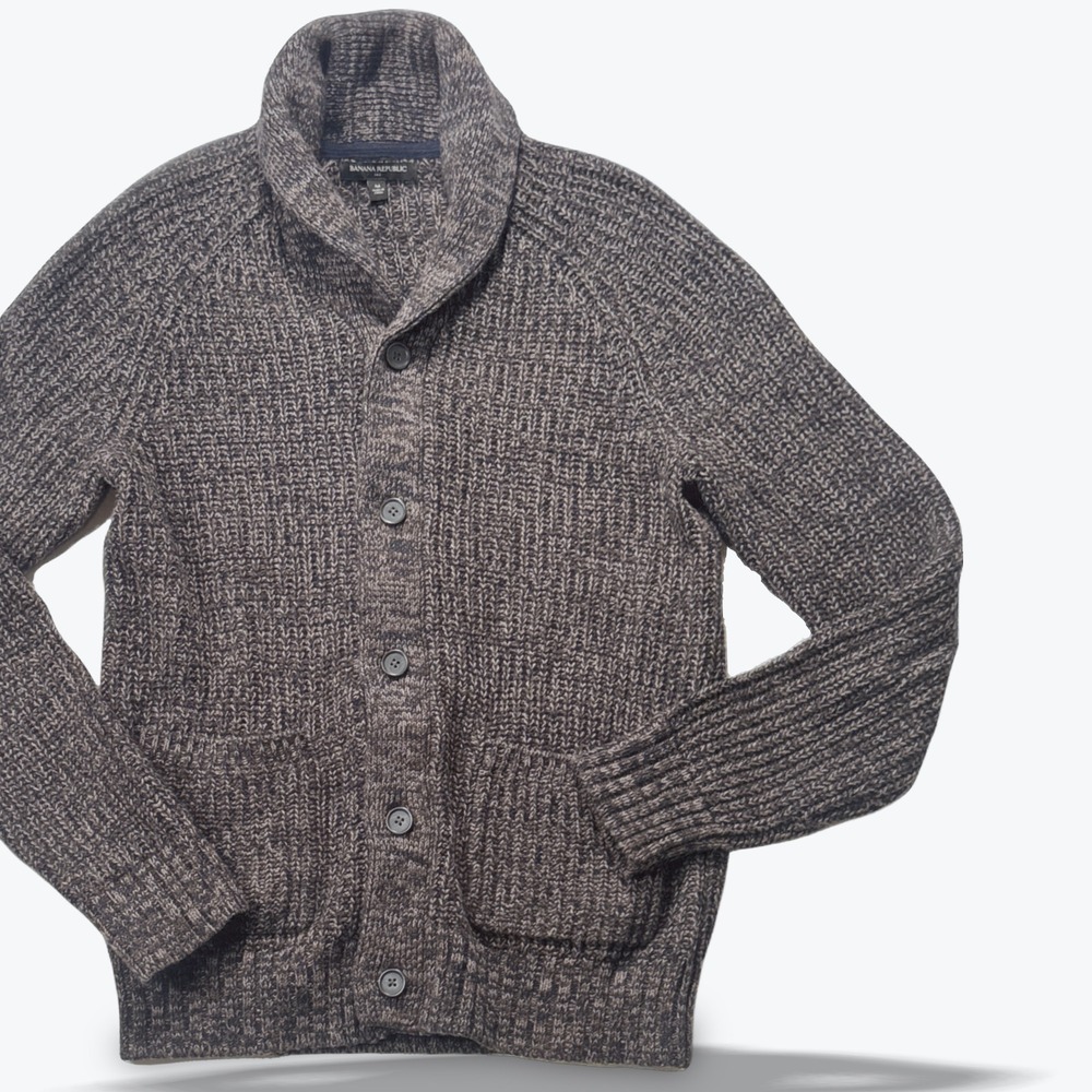 Banana Republic Mens Cardigan Shawl Collar Chunky Knit Marled Grey Brown Size M